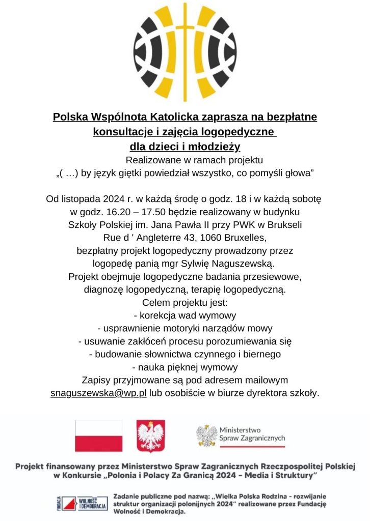 POLSKA WSPÓLNOTA KATOLICKA ZAPRASZA NA BEZPŁATNE KONSULTACJE I ZAJĘCIA LOGOPEDYCZNE DLA DZIECI I MŁODZIEŻY